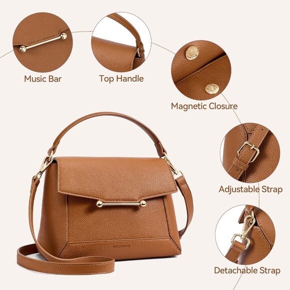 Small Vegan Leather Cream Crossbody Bag Women with Flap and Top Handle Design - Picture 4 of 5